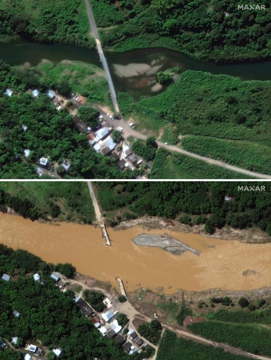 Kombinasi dua gambar satelit yang disediakan oleh Maxar Technologies ini menunjukkan di atas, pemandangan 18 Januari 2022 dari jembatan di atas Rio Grande de Arecibo sebelum melewati Badai Fiona, di Arecibo, Puerto Rico, dan foto setelah berlalunya Badai Fiona, pada Rabu, 21 September 2022. (Citra satelit © 2022 Maxar Technologies via AP)