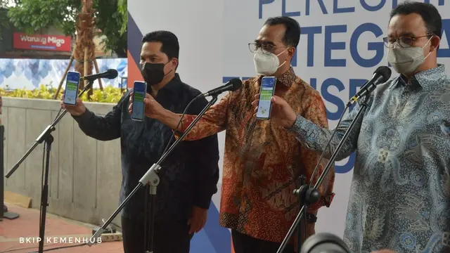 Peresmian Integrasi Transportasi Jabodetabek secara daring dihadiri Menteri BUMN Erick Thohir, Menteri Perhubungan Budi Karya Sumadi, dan Gubernur Provinsi DKI Jakarta  Anies Baswedan. (Dok Kemehub)