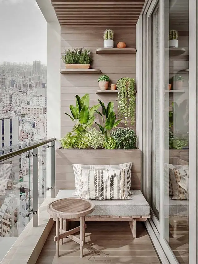 Desain Balkon Terbuka dengan Rak Dinding