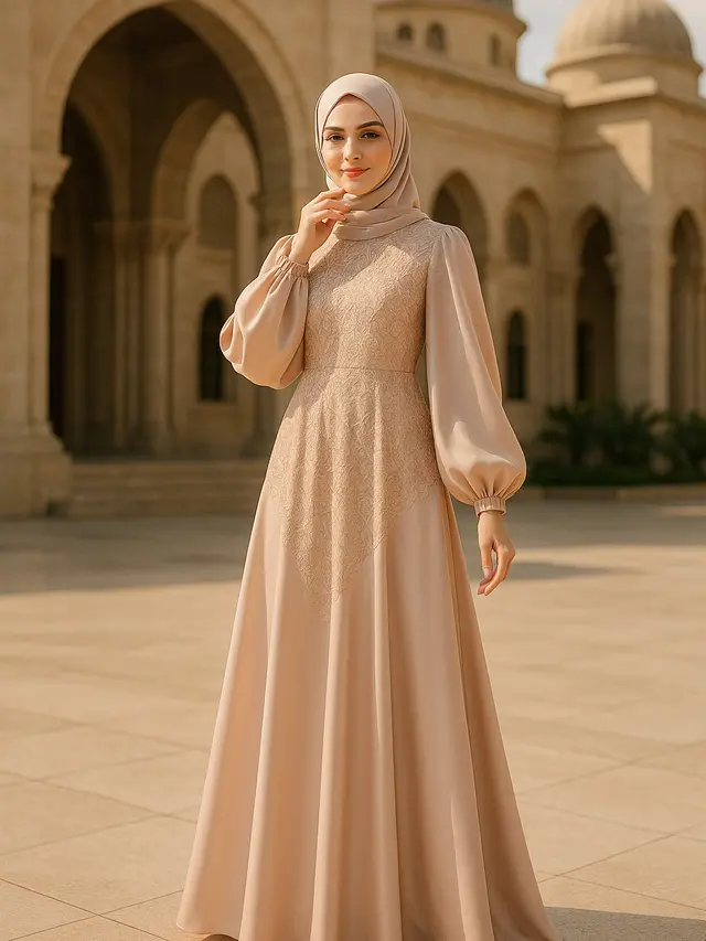 Model Gamis Syari A-Line Kombinasi Brokat Modern