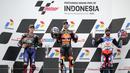 Posisi tersebut bertahan hingga akhir balapan. Miguel Oliveira keluar sebagai pemenang, diikuti Fabio Quartararo yang finis di posisi kedua dan Johann Zarco mengisi tempat ketiga. (AP/Achmad Ibrahim)