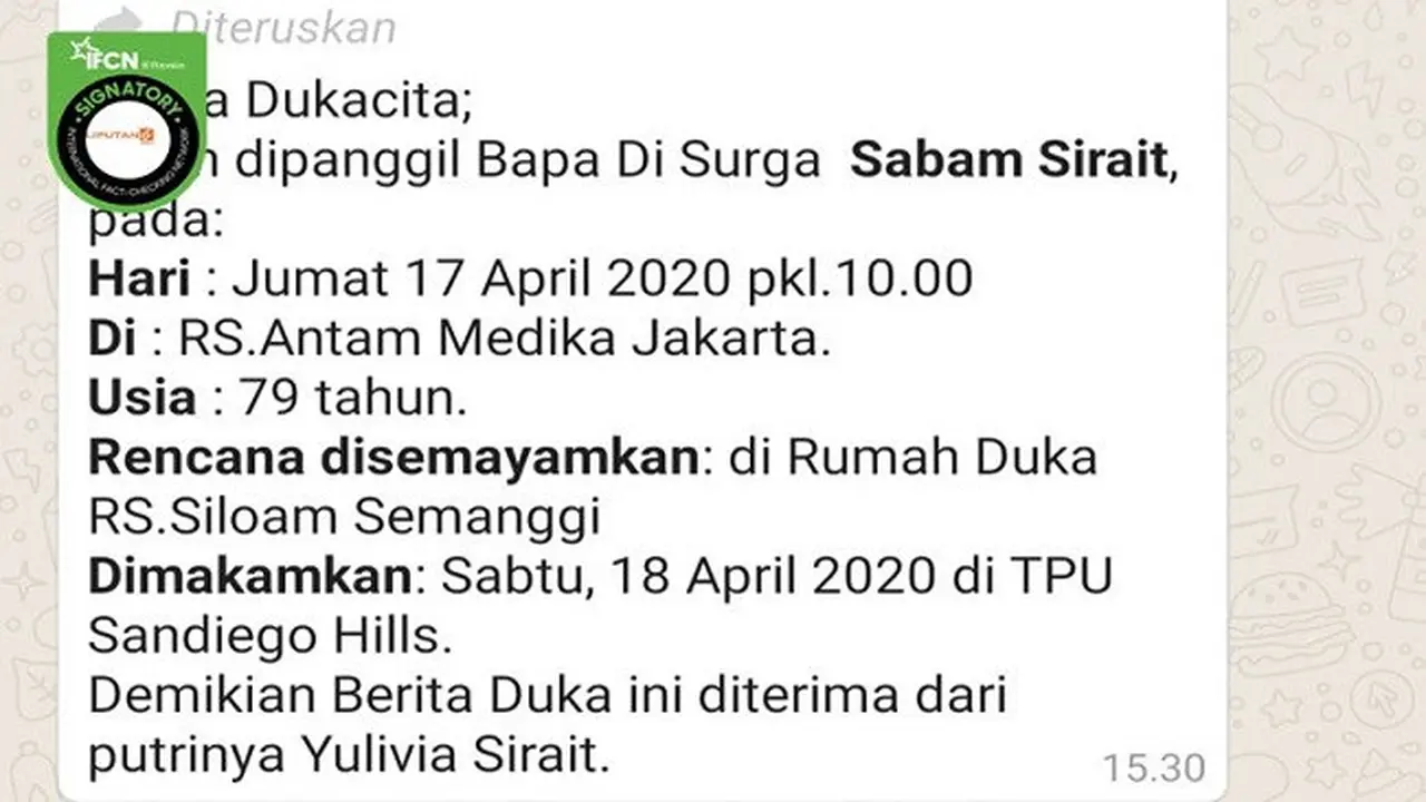Gambar Tangkapan Layar Berita Hoaks Tentang Sabam Sirait