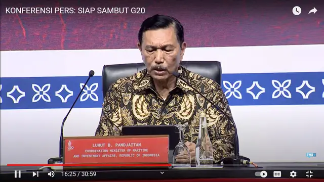 Menteri Koordinator Bidang Kemaritiman dan Investasi Luhut Pandjaitan dalam konferensi pers jelang KTT G20 di Bali. (Youtube/FMB9ID_ IKP)