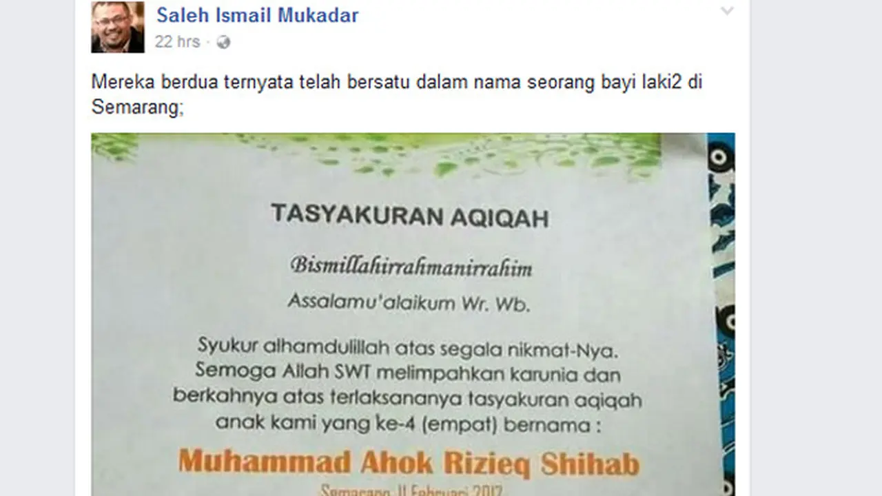 Viral Nama Bayi yang Satukan Ahok dan Rizieq Shihab 