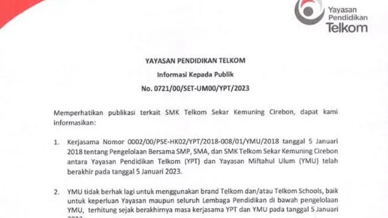 Turat Informasi Kepada Publik dari Yayasan Pendidikan Telkom (YPT) bernomor No.0721/00/SET-UM000/YPT/2023 mengenai pemakaian nama oleh Yayasan Miftahul Ulum.