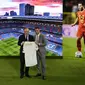Presiden Florentino Perez memperkenalkan Eden Hazard sebagai pemain anyar Real Madrid di Santiago Bernabeu, Jumat (13/6/2019). (AP Photo/Manu Fernandez)