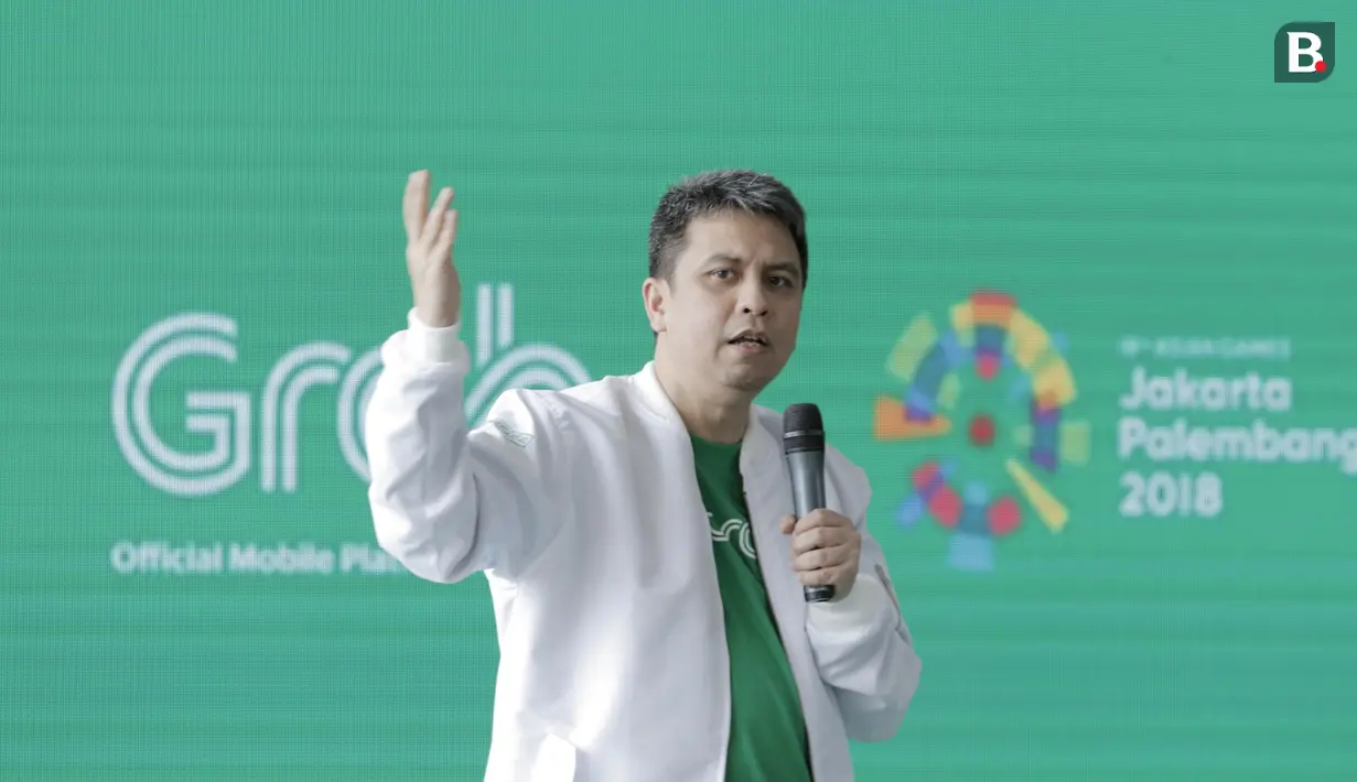 Managing Director Grab Indonesia, Ridzki Kramadibrata, saat peluncuran kampanye "Kemenangan Itu Dekat" di Yogyakarta, Rabu (18/7/2018). Kampanye tersebut untuk mengobarkan semangat kemenangan di Asian Games 2018. (Bola.com/M Iqbal Ichsan)