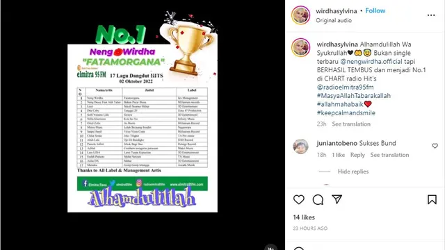 Lagu Neng Wirdha berjudul "Fatamorgana" sukses memuncaki tangga radio dangdut.