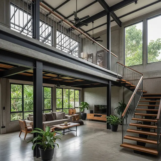 Model Rumah Mezzanine Atap Tinggi dengan Plafon Ekspos