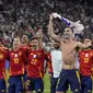 Ekspresi kegembiraan para pemain Spanyol usai mengalahkan Prancis dan lolos ke final Euro 2024. (AP Photo/Matthias Schrader)