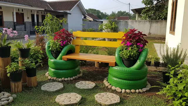 Desain Kebun Rumah Unik dari Ban Bekas untuk Halaman Kecil Model Bangku Taman