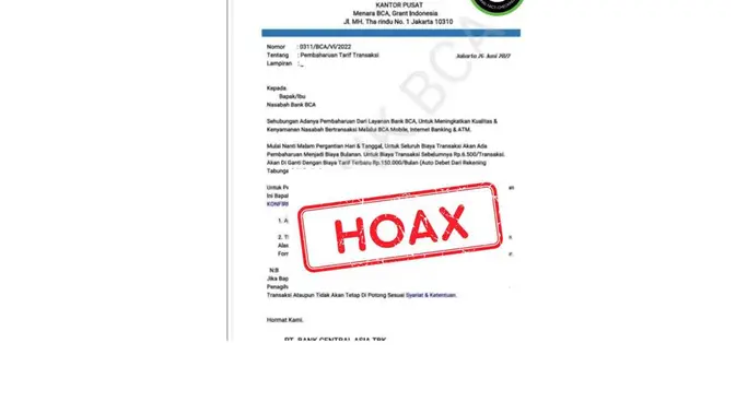 <p>Cek Fakta surat Bank BCA mengubah biaya transaksi.</p>