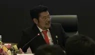 Menteri Pertanian Syahrul Yasin Limpo dalam konferensi pers RAPBN dan Nota Keuangan 2024, di kantor Direktorat Jenderal Pajak, Jakarta, Rabu (16/8/2023). (Tira/Liputan6.com)