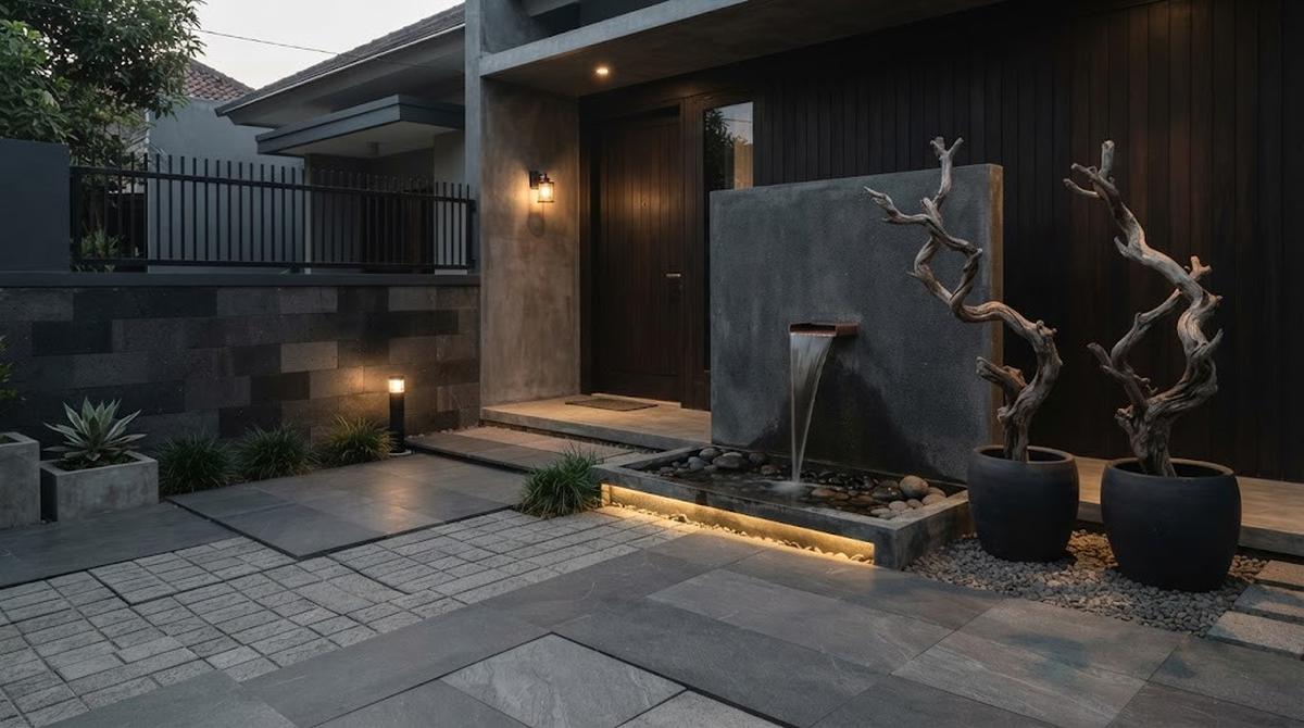 Desain Taman Elemen Hardscape dan Fitur Air Mengalir