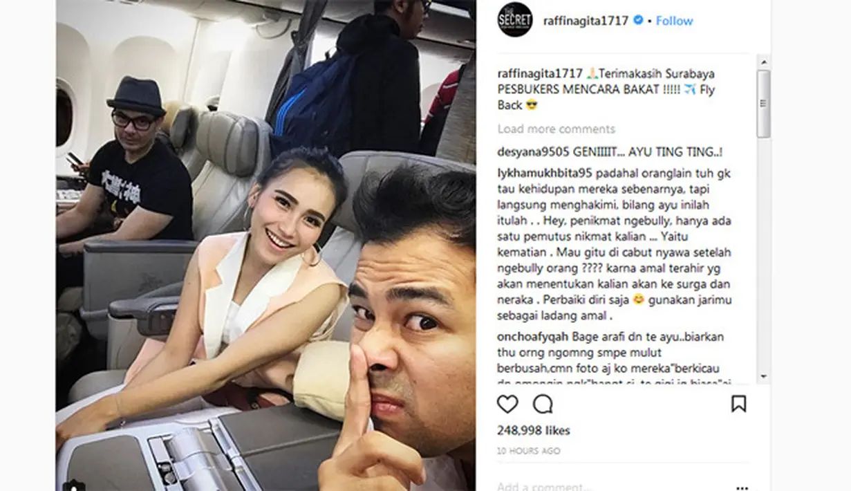 Bukan untuk liburan sepertinya, namun dari keterangan foto yang tertulis menjelaskan bahwa mereka baru saja usai menghadiri sebuah acara pencarian bakat dan mereka juga menjadi dewan jurinya. (Instagram/raffinagita1717)