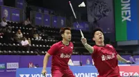 Kevin Sanjaya Sukamuljo/Marcus Fernaldi Gideon berhasil melewati laga sengit pada babak kedua India Terbuka 2018, Kamis (1/2/2018). (PBSI)