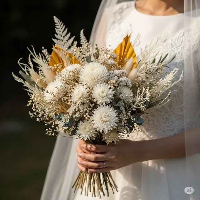 Ide Buket Pengantin dari Bunga Kering: Serba Putih