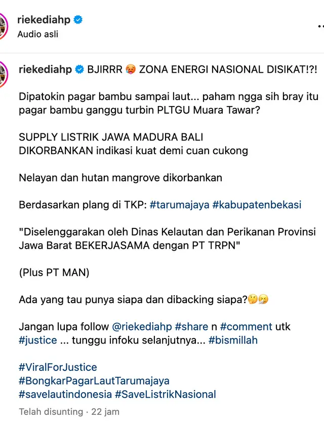 Unggahan Rieke Diah Pitaloka. (Foto: Dok. Instagram @riekediahp)