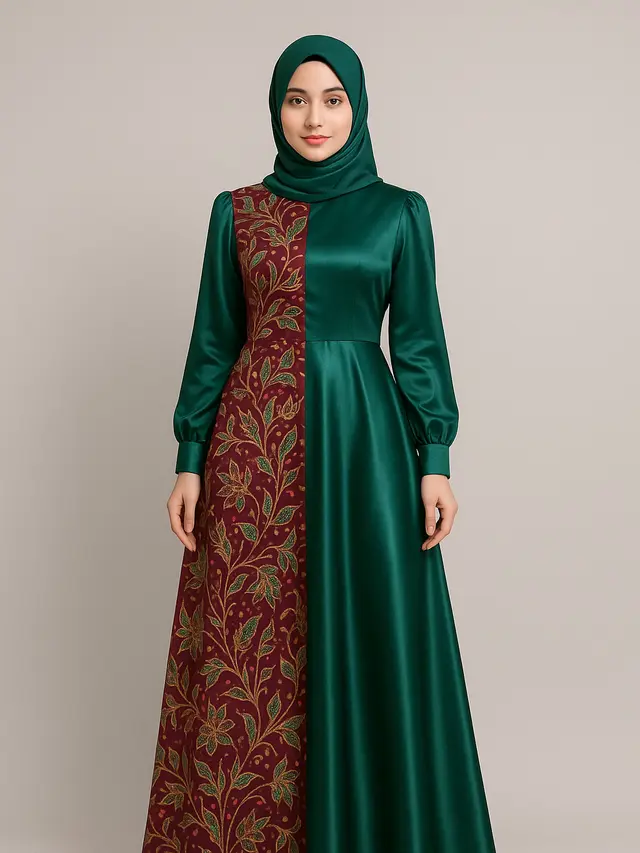 Dress Batik Panjang Muslim Kombinasi Polos