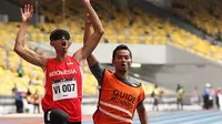 Ekspresi Abdul Halim Dalimunte saat meraih medali emas ASEAN Para Games 2017 nomor lari 100 meter T11 putra, Senin (18/9/2017). (Humas CdM APG) 