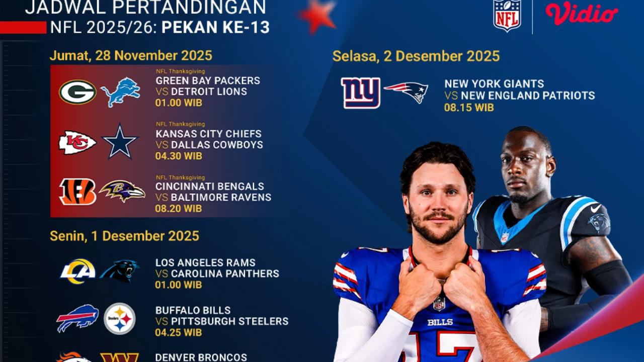 Jadwal NFL Pekan Ke-13, Tayang di Vidio