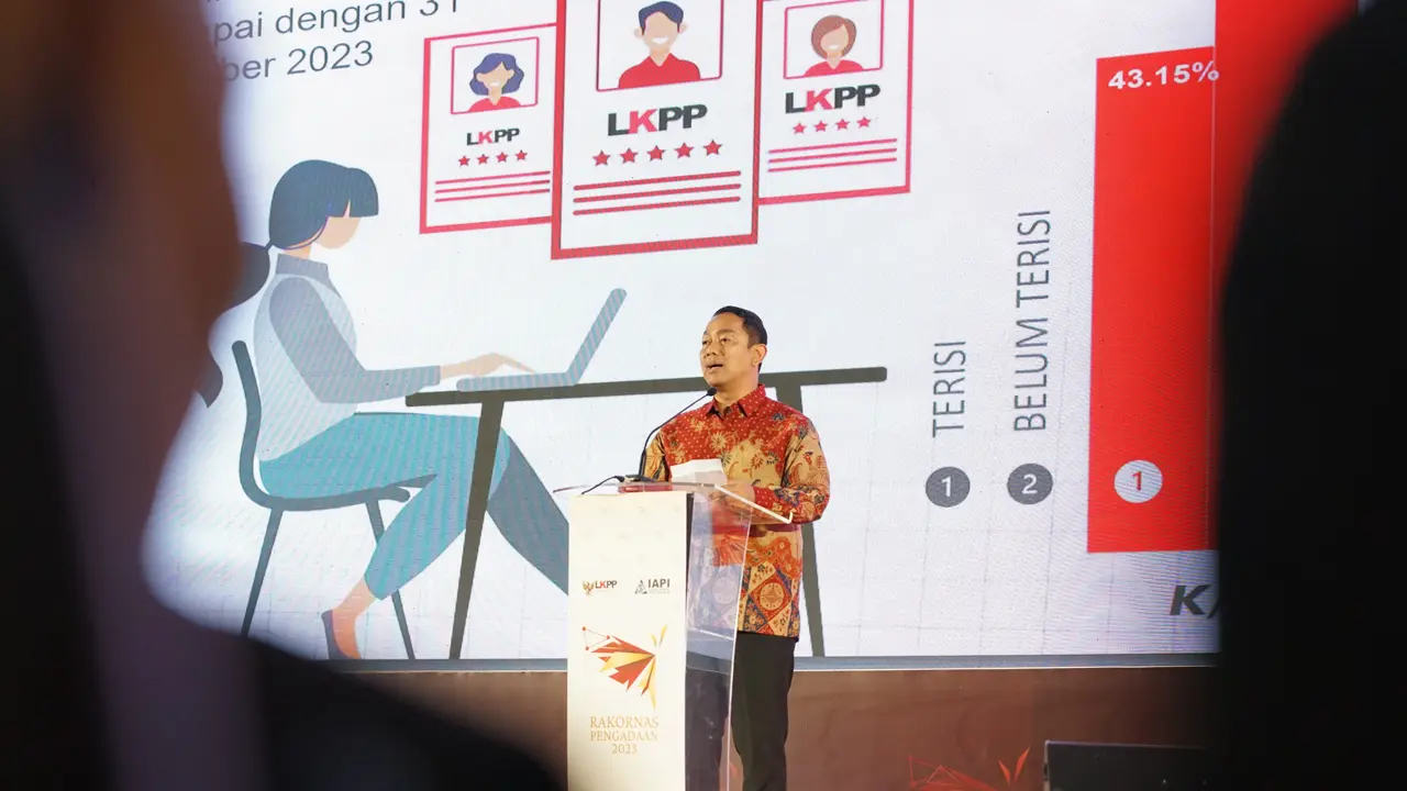 Kepala Lembaga Kebijakan Pengadaan Barang dan Jasa Pemerintah (LKPP) Hendrar Prihadi dalam Rapat Koordinasi Nasional (Rakornas) Pengadaan 2023 pada Selasa (11/6/2023). (Dok LKPP)