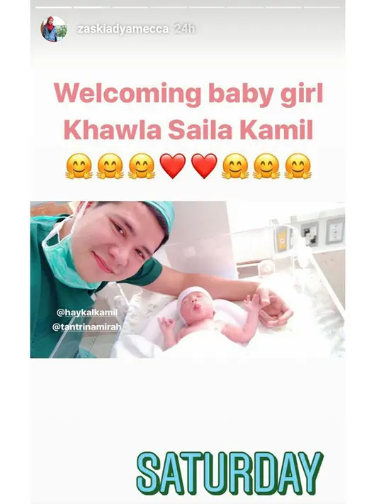 Khawla Saila Kamil, putri pertama pasangan Haykal Kamil dan Tantri Namirah ini lahir pada 6 Januari 2018 lalu di Kemang Medical Center , dengan bobot 2,49 kg dan panjang 47 cm.  (Instagram/haykalkamil)
