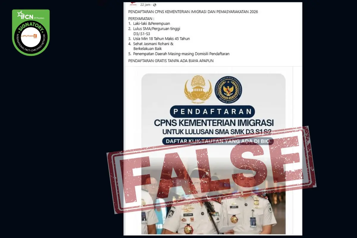 Cek Fakta Liputan6.com menangkap layar klaim link pendaftaran CPNS Kementerian Imigrasi lulusan SMA sampai S3.