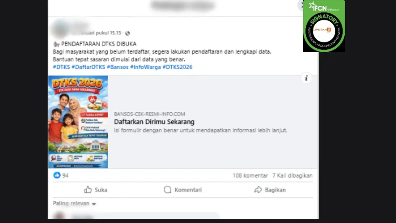 Tangkapan layar klaim link pendaftaran DTKS 2026 yang beredar di Facebook.