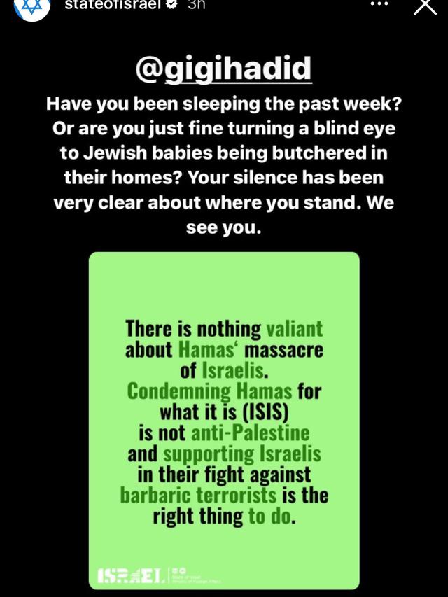 Unggahan Instagram @stateofisrael, menanggapi postingan Gigi Hadid.