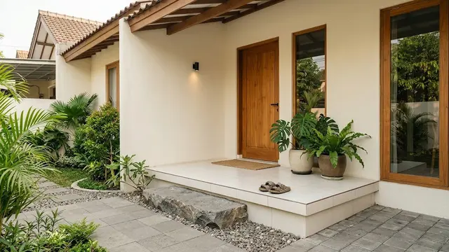 Teras Rumah dengan Lantai Naik Satu Anak Tangga