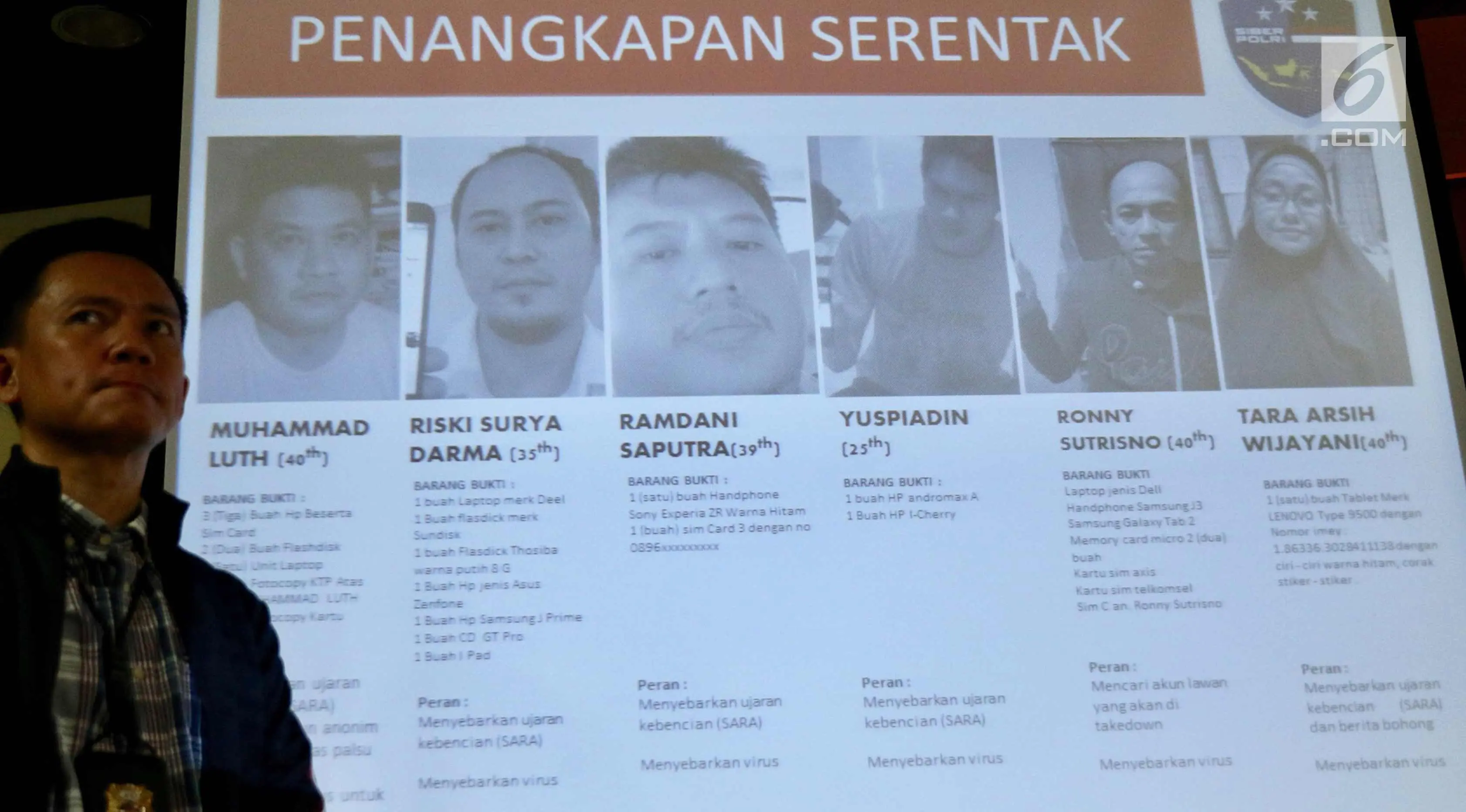 Layar monitor menunjukkan enam anggota The Family Muslim Cyber Army yang terlibat kasus ujaran kebencian di Direktorat Tindak Pidana Siber Bareskrim Polri, Jakarta (28/2). (Liputan6.com/Immanuel Antonius)