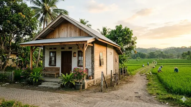 Contoh Rumah Sederhana di Desa Dekat Persawahan dan Jalan Desa