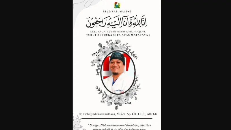 Content creator di dunia kesehatan yang juga merupakan dokter spesialis ortopedi, dr Helmiyadi meninggal dunia pada Rabu, 10 Juli 2024 dan dikabarkan RSUD Kabupaten Majene Sulawesi Barat.