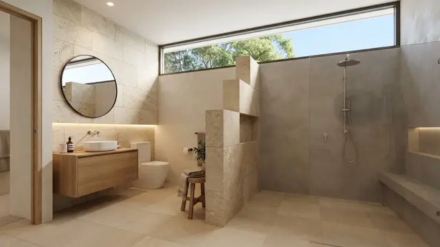 Desain Kamar Mandi dengan Jendela Atas dan Dinding Privasi Bertingkat