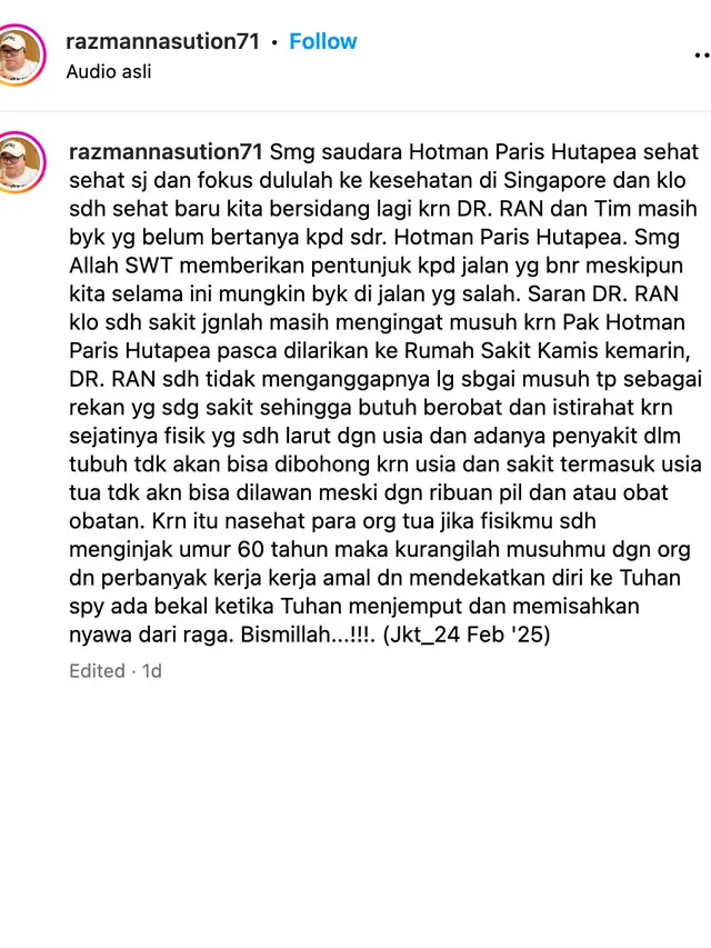 Unggahan Razman Nasution. (Foto: Dok. Instagram @razmannasution71)