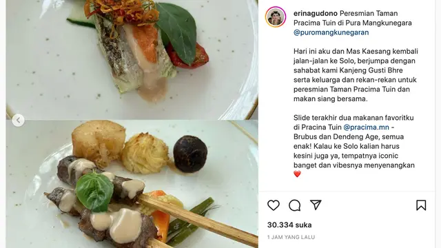 Unggahan Erina Gudono. (Foto: Dok. Instagram @erinagudono)