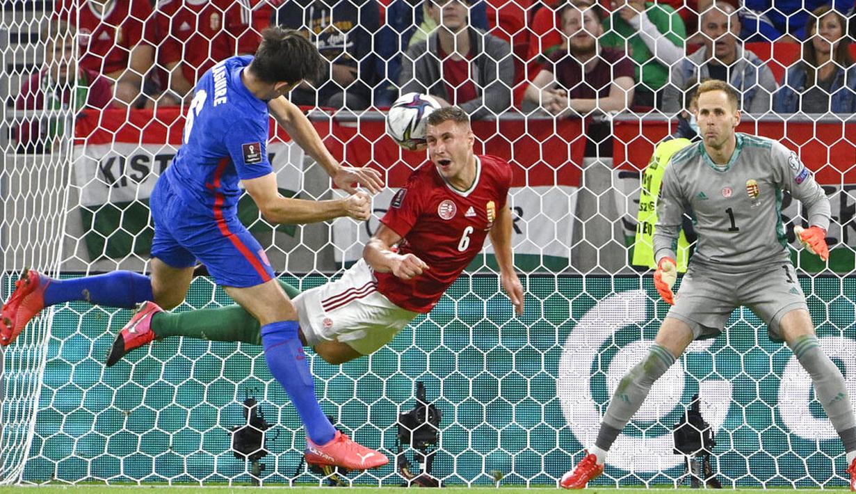 Gol Timnas Inggris masing- masing dicetak oleh Raheem Sterling, Harry Kane, Harry Maguire dan Declan Rice. (Foto: AP/Zsolt Szigetvary)