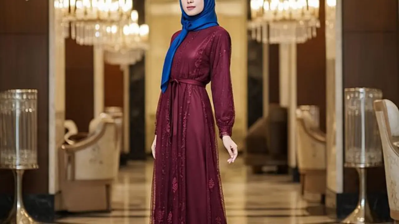 Ilustrasi Model Gamis Brokat Warna Burgundy (Sumber Gambar: Meta AI)