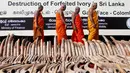 Biksu Buddha melihat gading gajah Afrika (Gading Darah)  yang disita oleh Bea Cukai Sri Lanka untuk dihancurkan, sebelum mereka mengadakan doa untuk gajah mati, di Galle Face Green di Kolombo (26/1/2016). (REUTERS/Dinuka Liyanawatte)