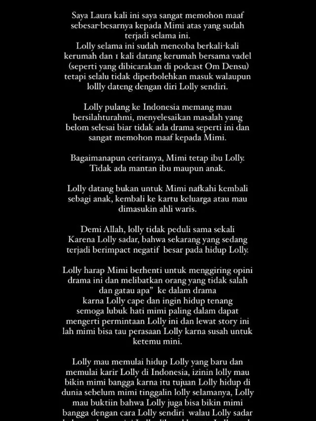 Unggahan Lolly meminta maaf ke Nikita Mirzani. (Instagram.com/@1a.auraa)
