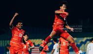 Selebrasi bek Timnas Indonesia U-17, Putu Ekayana usai membobol gawang Timnas Timor Leste U-17 dalam laga Grup A Piala AFF U-17 2026 di Stadion Gelora Joko Samudro, Gresik, Jawa Timur, Senin (13/4/2026). (Dok. AFF)