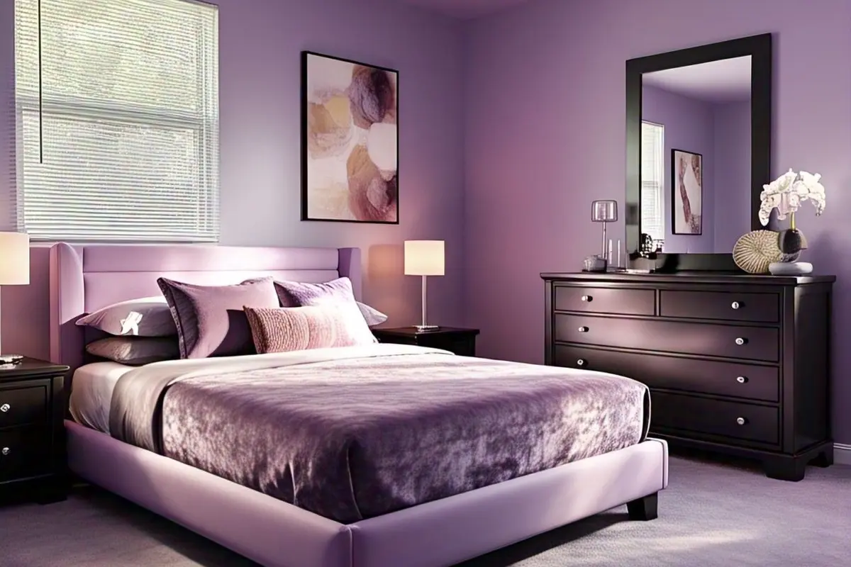 Kamar tidur dengan cat warna ungu lavender