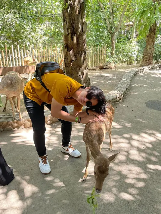 Saat bertemu dengan rusa, Ajil Ditto tak memberinya makanan. Tapi ia memeluknya saat rusa tersebut asyik makan. (Foto: Instagram/@ajil_ditto08)