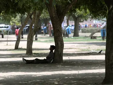 Seorang pria beristirahat di bawah pohon selama musim panas di New Delhi, India (10/6/2019). Kondisi gelombang panas yang parah menyapu bagian utara dan barat India dengan suhu maksimum melonjak hingga 48 derajat Celcius ( 118 F) di beberapa bagian Rajasthan. (AP Photo/Manish Swarup)