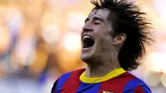 Ekspresi striker Barcelona Bojan Krkic usai mencetak gol ke gawang Malaga dalam partai penutup La Liga 2010-2011 di Estadio La Rosaleda, 21 Mei 2011. AFP PHOTO/JORGE GUERRERO