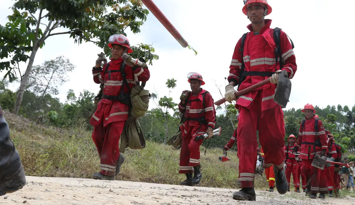 Tim Manajemen Api Terpadu Asia Pulp and Paper (APP) Sinarmas membawa cangkul saat simulasi kebakaran di Tanjungjabung Barat, Jambi, Kamis (3/4). Asian Games 2018 akan berlangsung di Palembang dan Jakarta. (Liputan6.com/Angga Yuniar)