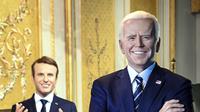 Patung lilin Presiden AS Joe Biden saat diresmikan di depan Patung lilin Presiden Prancis Emmanuel Macron di museum lilin Musee Grevin di Paris, Selasa (18/5/2021). Museum itu diperkirakan dibuka kembali pada 19 Mei 2021 setelah ditutup berbulan-bulan karena COVID-19. (Christophe ARCHAMBAULT/AFP)