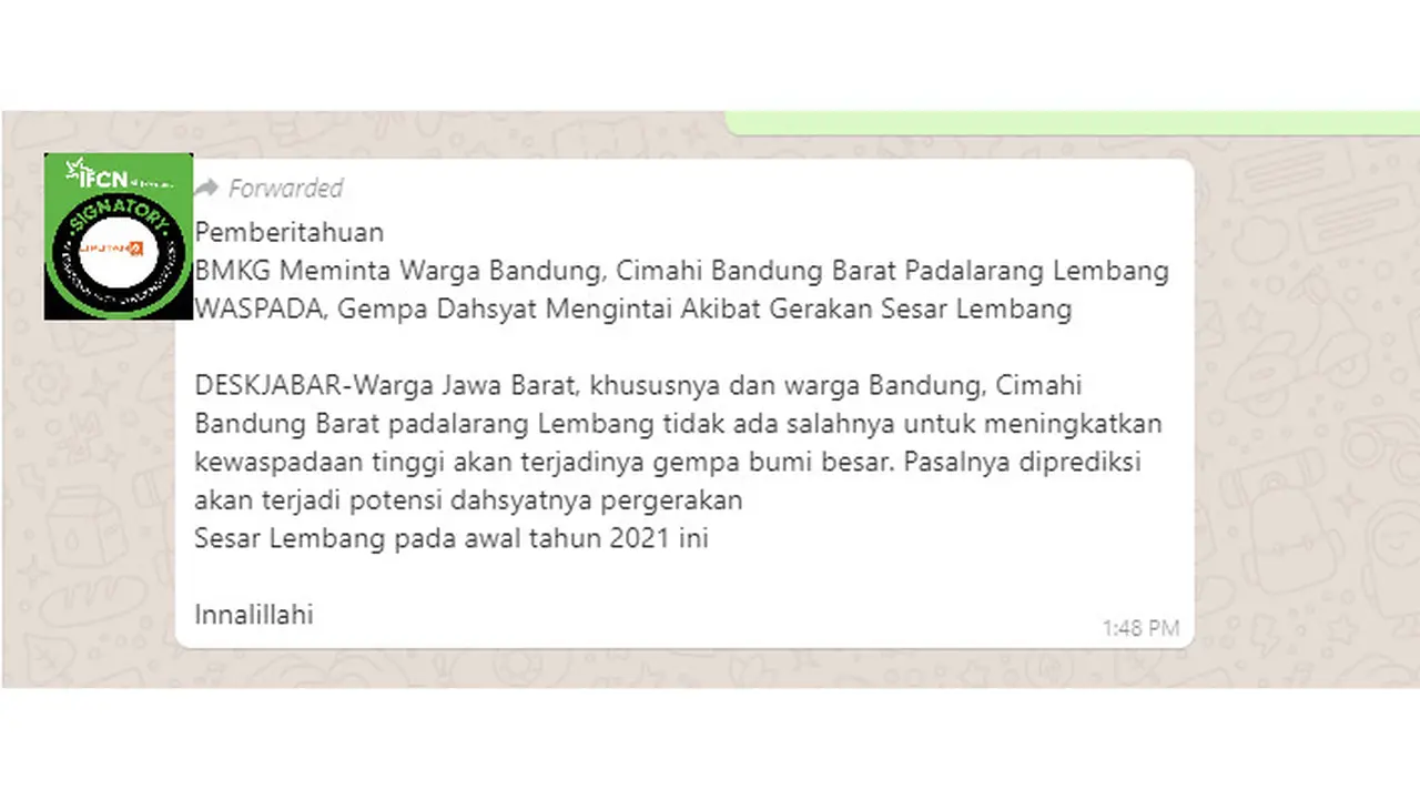 Cek Fakta Liputan6.com menelusuri informasi potensi gempa dasyat pergerakan Sesar Lembang pada awal 2021