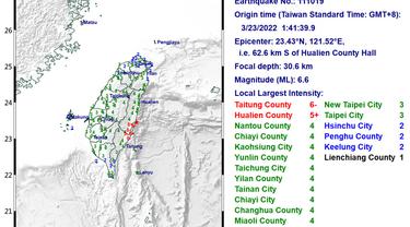 Gempa magnitudo 6,6 guncang Taiwan. (CWB Image)